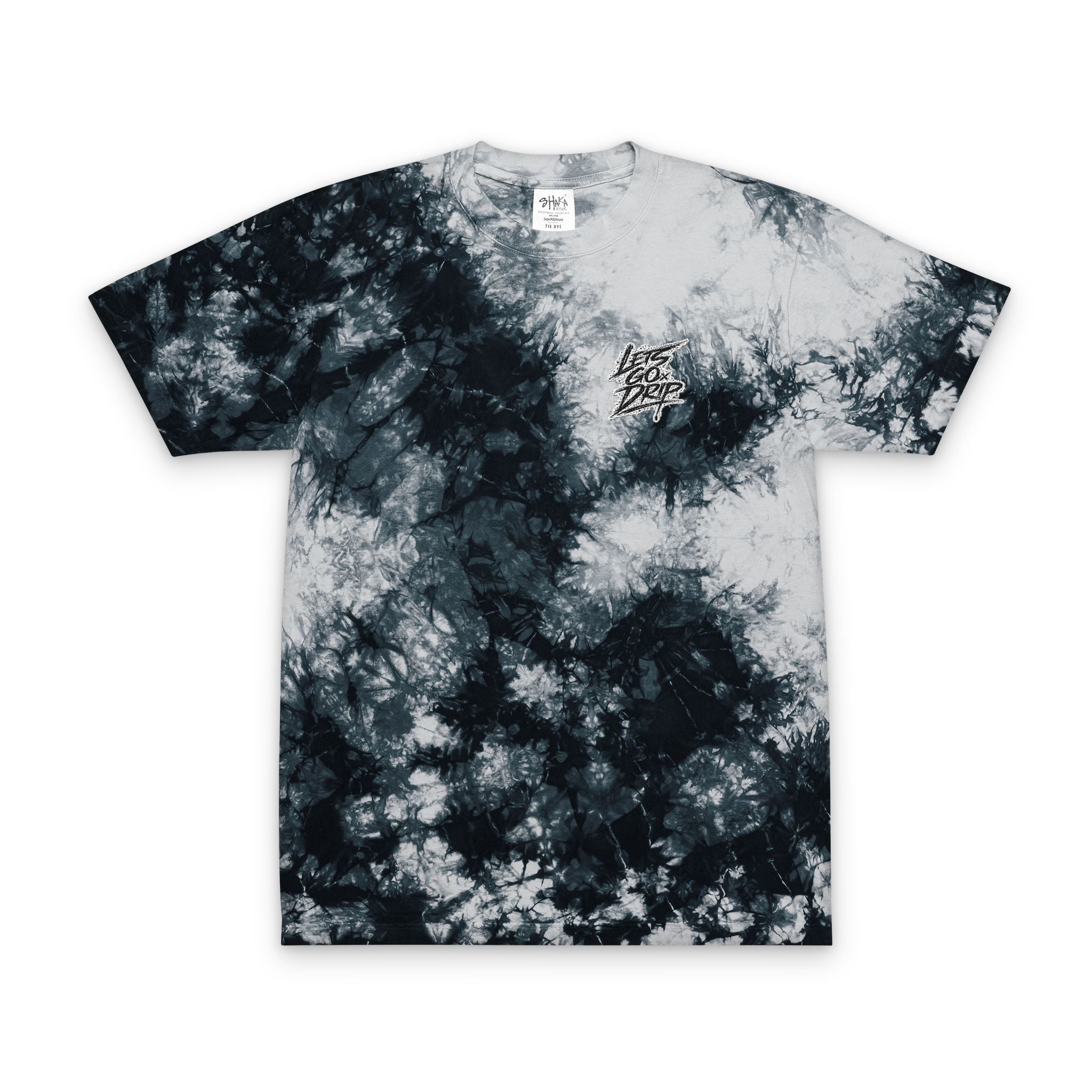 Tie-Dye Embroidered T-Shirt — Black & White Oversized Tee with Chest Script Logo