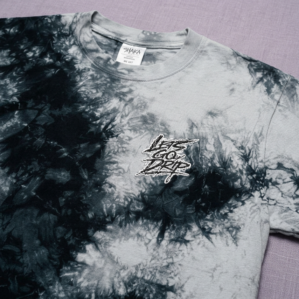 Tie-Dye Embroidered T-Shirt — Black & White Oversized Tee with Chest Script Logo